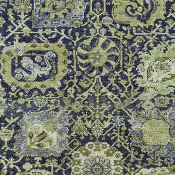 5' X 8' Fern Green And Blue Damask Washable Indoor Outdoor Area Rug