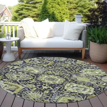 8' Fern Green And Blue Round Damask Washable Indoor Outdoor Area Rug