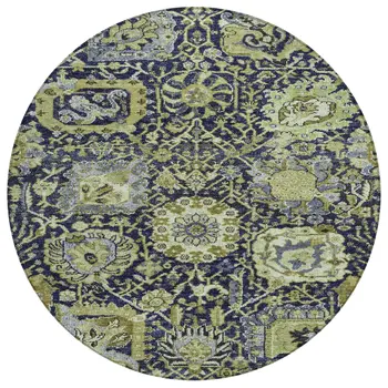8' Fern Green And Blue Round Damask Washable Indoor Outdoor Area Rug