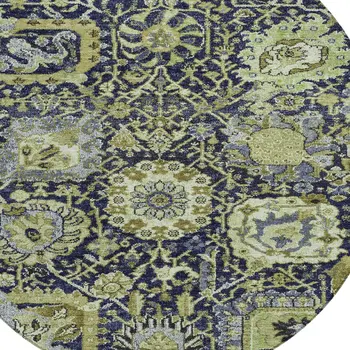 8' Fern Green And Blue Round Damask Washable Indoor Outdoor Area Rug