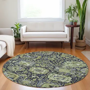 8' Fern Green And Blue Round Damask Washable Indoor Outdoor Area Rug
