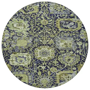 8' Fern Green And Blue Round Damask Washable Indoor Outdoor Area Rug
