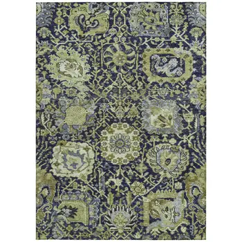 8' X 10' Fern Green And Blue Damask Washable Indoor Outdoor Area Rug