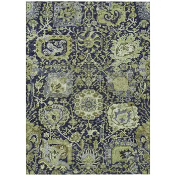 8' X 10' Fern Green And Blue Damask Washable Indoor Outdoor Area Rug