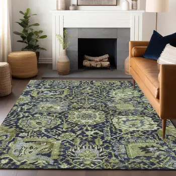 8' X 10' Fern Green And Blue Damask Washable Indoor Outdoor Area Rug