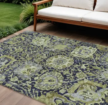 9' X 12' Fern Green And Blue Damask Washable Indoor Outdoor Area Rug