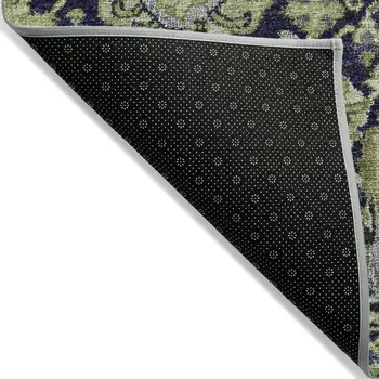 10' X 14' Fern Green And Blue Damask Washable Indoor Outdoor Area Rug