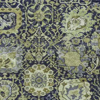10' X 14' Fern Green And Blue Damask Washable Indoor Outdoor Area Rug