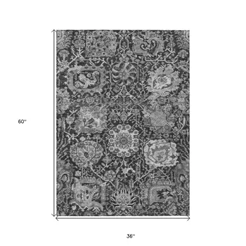 3' X 5' Gray And Ash Gray Damask Washable Indoor Outdoor Area Rug