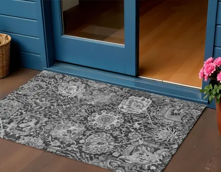 3' X 5' Gray And Ash Gray Damask Washable Indoor Outdoor Area Rug