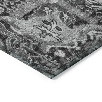 3' X 5' Gray And Ash Gray Damask Washable Indoor Outdoor Area Rug