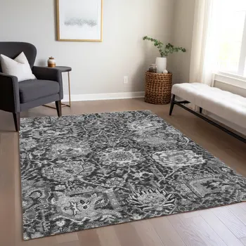 3' X 5' Gray And Ash Gray Damask Washable Indoor Outdoor Area Rug