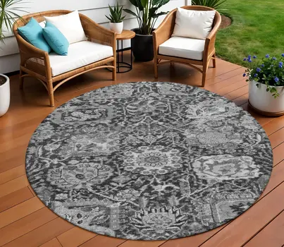 8' Gray And Ash Gray Round Damask Washable Indoor Outdoor Area Rug