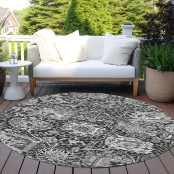 8' Gray And Ash Gray Round Damask Washable Indoor Outdoor Area Rug