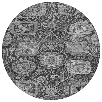 8' Gray And Ash Gray Round Damask Washable Indoor Outdoor Area Rug