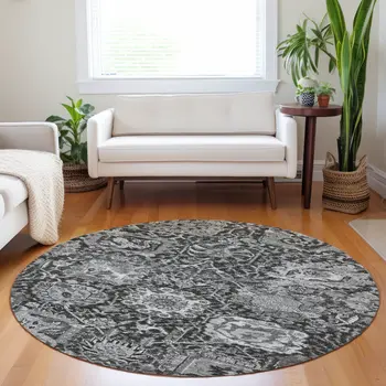 8' Gray And Ash Gray Round Damask Washable Indoor Outdoor Area Rug
