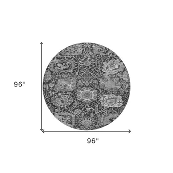 8' Gray And Ash Gray Round Damask Washable Indoor Outdoor Area Rug