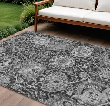 8' X 10' Gray And Ash Gray Damask Washable Indoor Outdoor Area Rug