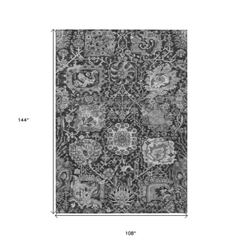 9' X 12' Gray And Ash Gray Damask Washable Indoor Outdoor Area Rug