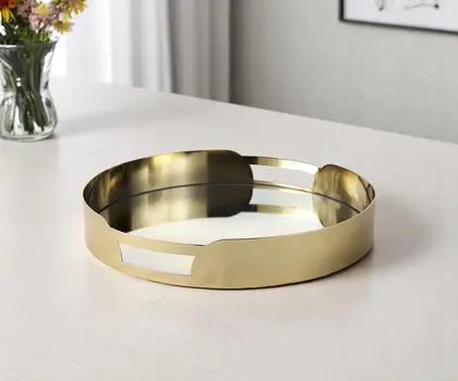 16" Gold Metal And Mirrored Glass Handmade Round Serving Tray