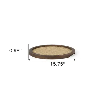 16" Brown And Natural Solid Wood And Wicker Handmade Round Serving Tray