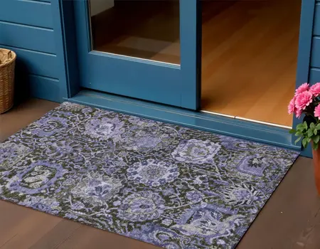 3' X 5' Purple And Black Damask Washable Indoor Outdoor Area Rug