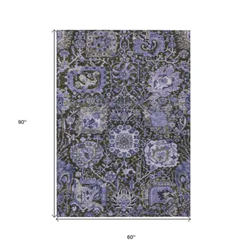 5' X 8' Purple And Black Damask Washable Indoor Outdoor Area Rug