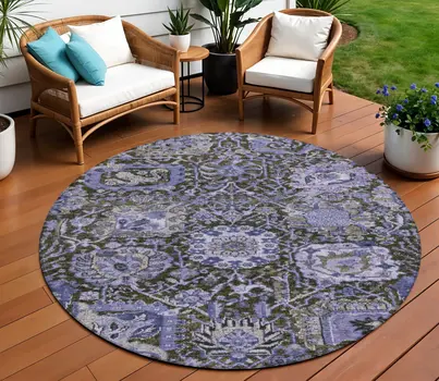 8' Purple And Black Round Damask Washable Indoor Outdoor Area Rug