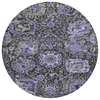 8' Purple And Black Round Damask Washable Indoor Outdoor Area Rug