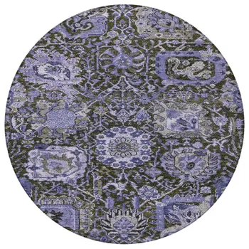 8' Purple And Black Round Damask Washable Indoor Outdoor Area Rug