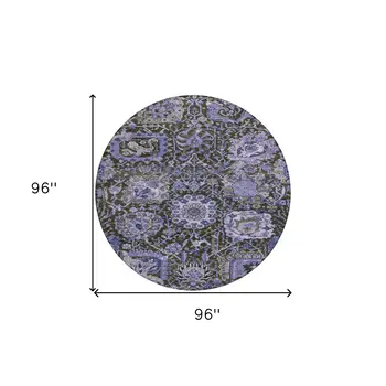 8' Purple And Black Round Damask Washable Indoor Outdoor Area Rug