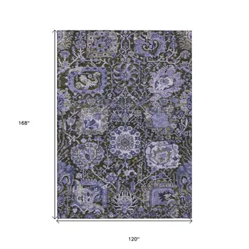 10' X 14' Purple And Black Damask Washable Indoor Outdoor Area Rug