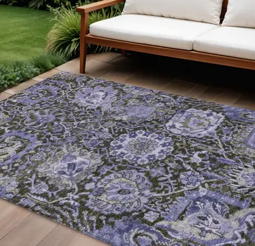 10' X 14' Purple And Black Damask Washable Indoor Outdoor Area Rug