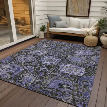 10' X 14' Purple And Black Damask Washable Indoor Outdoor Area Rug