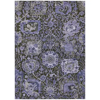 10' X 14' Purple And Black Damask Washable Indoor Outdoor Area Rug