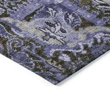 10' X 14' Purple And Black Damask Washable Indoor Outdoor Area Rug