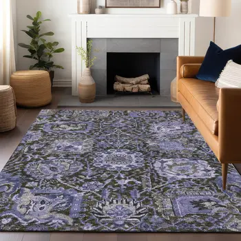 10' X 14' Purple And Black Damask Washable Indoor Outdoor Area Rug