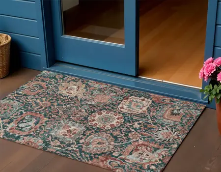 3' X 5' Salmon And Red Damask Washable Indoor Outdoor Area Rug