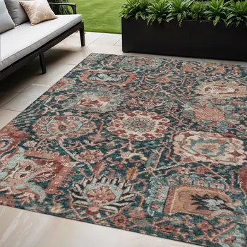 5' X 8' Salmon And Red Damask Washable Indoor Outdoor Area Rug