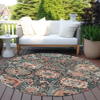 8' Salmon And Red Round Damask Washable Indoor Outdoor Area Rug