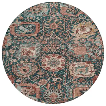 8' Salmon And Red Round Damask Washable Indoor Outdoor Area Rug