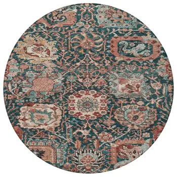 8' Salmon And Red Round Damask Washable Indoor Outdoor Area Rug