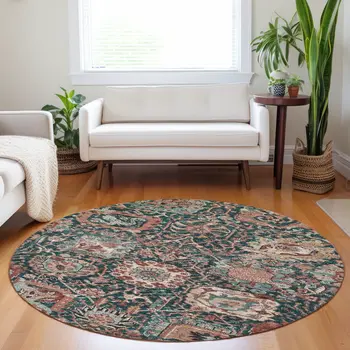 8' Salmon And Red Round Damask Washable Indoor Outdoor Area Rug