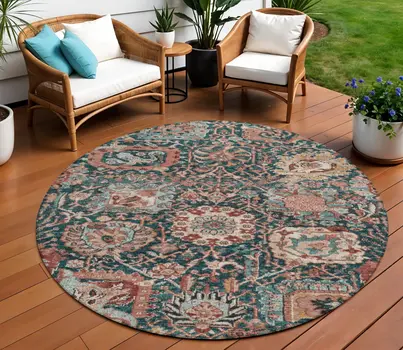 8' Salmon And Red Round Damask Washable Indoor Outdoor Area Rug