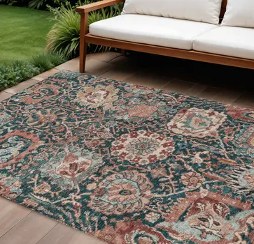 10' X 14' Salmon And Red Damask Washable Indoor Outdoor Area Rug