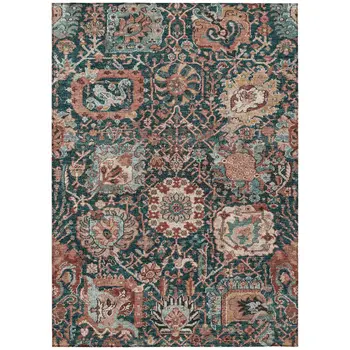 10' X 14' Salmon And Red Damask Washable Indoor Outdoor Area Rug