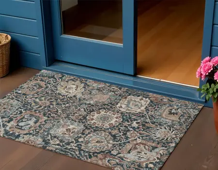 3' X 5' Taupe Blue And Beige Geometric Washable Indoor Outdoor Area Rug