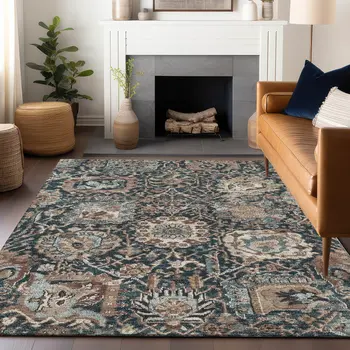 3' X 5' Taupe Blue And Beige Geometric Washable Indoor Outdoor Area Rug
