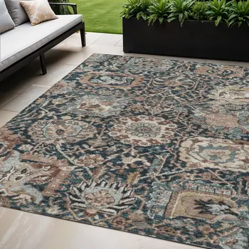 5' X 8' Taupe Blue And Beige Geometric Washable Indoor Outdoor Area Rug