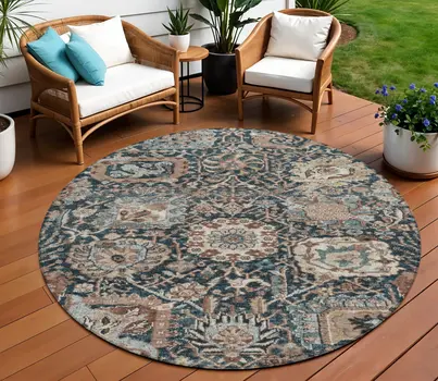 8' Taupe Blue And Beige Round Geometric Washable Indoor Outdoor Area Rug